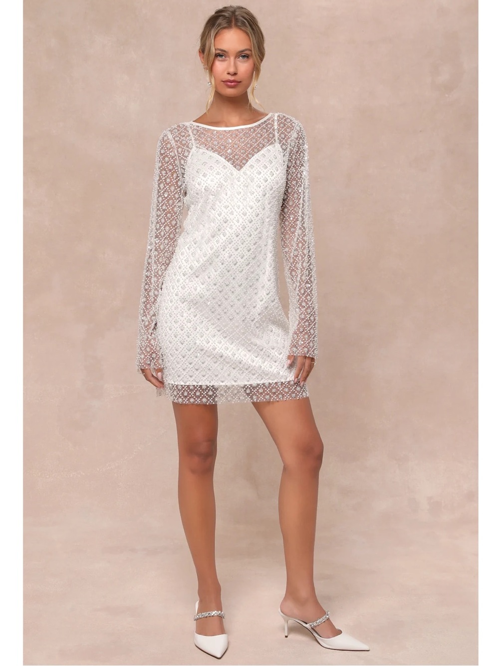 NWOT Lulu’s Glowing Charisma White Sequin Pearl Mesh Long Sleeve Mini Dress Chic